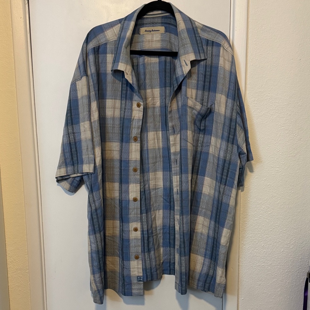 Tommy Bahama Blue and White Plaid Button-Down Shirt
